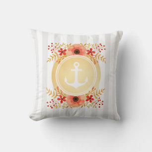 Gold Nautical Anchor Watercolor Floral Striped Cushion