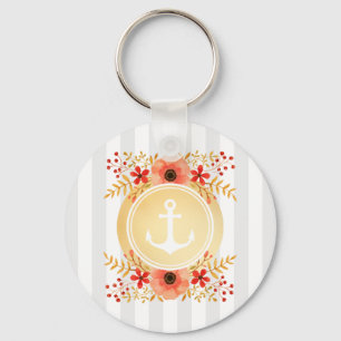 Gold Nautical Anchor Watercolor Floral Striped Key Ring