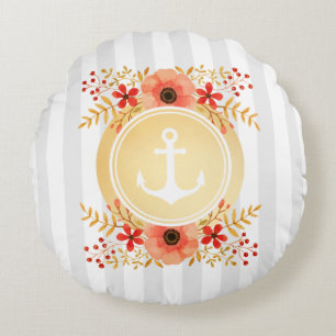 Gold Nautical Anchor Watercolor Floral Striped Round Cushion