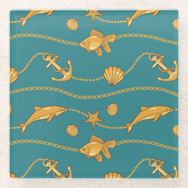 Gold Nautical Pattern Glass Coaster (Front)
