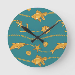 Gold Nautical Pattern Round Clock