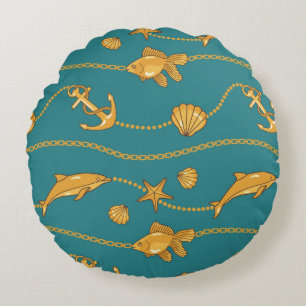 Gold Nautical Pattern Round Cushion