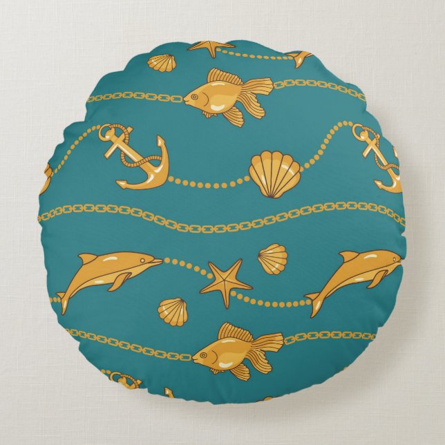 Gold Nautical Pattern Round Cushion (Front)