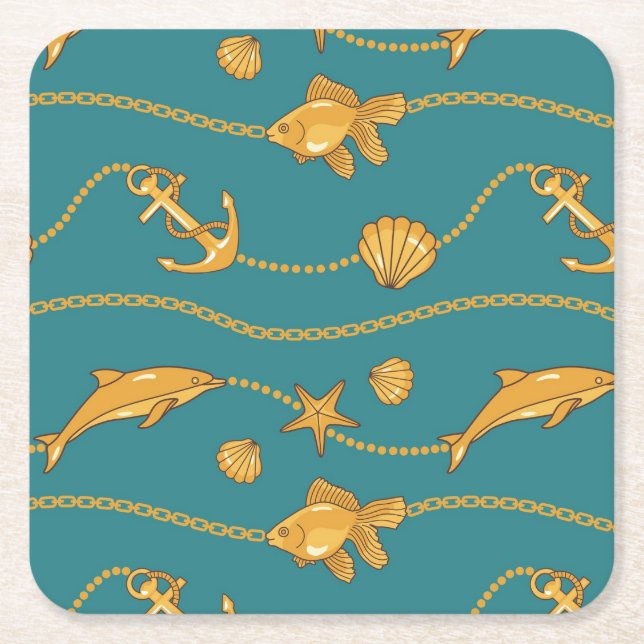 Gold Nautical Pattern Square Paper Coaster (Front)
