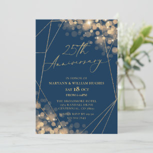 Gold & Navy 25th Wedding Anniversary  Invitation