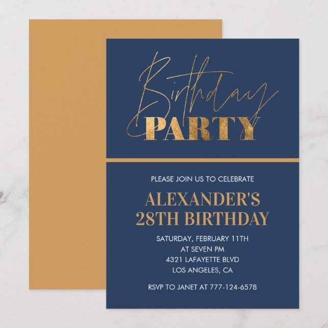  Gold Navy 28th birthday invitation Birthday Party (Front/Back)