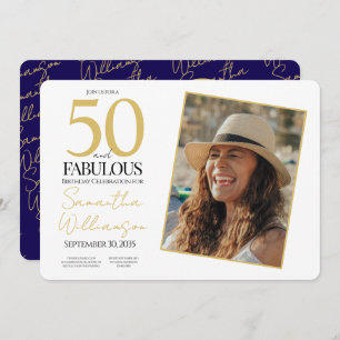 Gold & Navy 50th Fabulous Photo Birthday Party Invitation