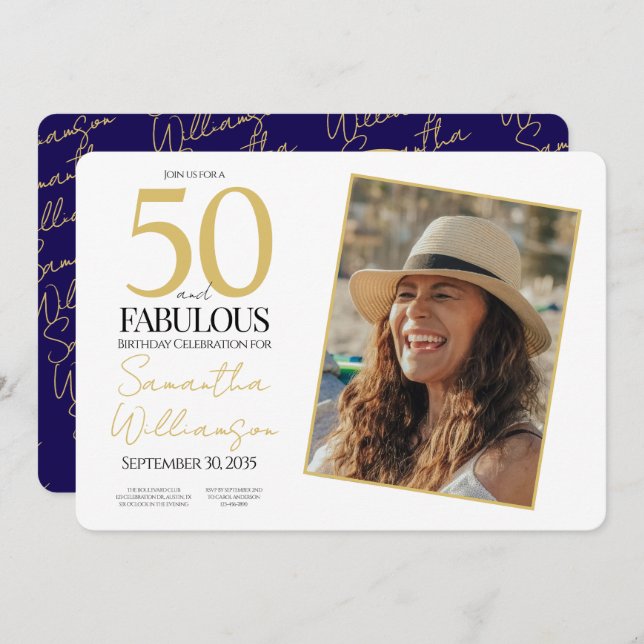 Gold & Navy | 50th Fabulous Photo Birthday Party Invitation (Front/Back)