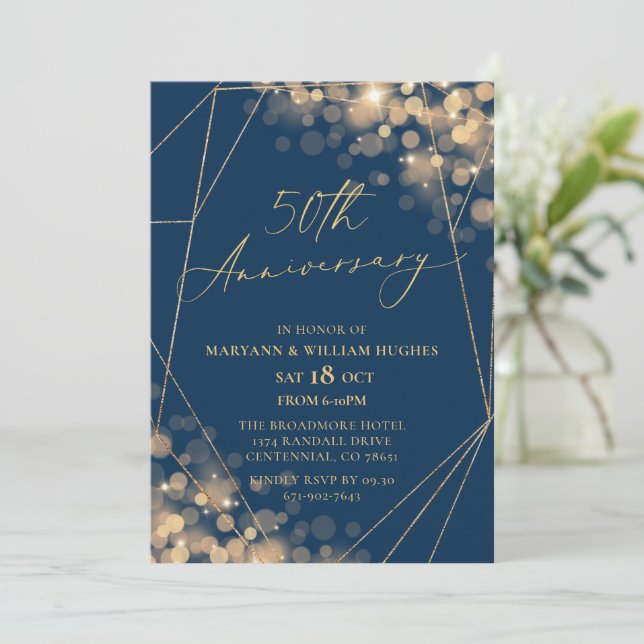 Gold & Navy 50th Wedding Anniversary  Invitation (Standing Front)