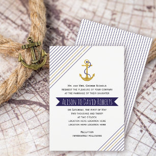 Gold, navy anchor, stripes nautical beach wedding invitation