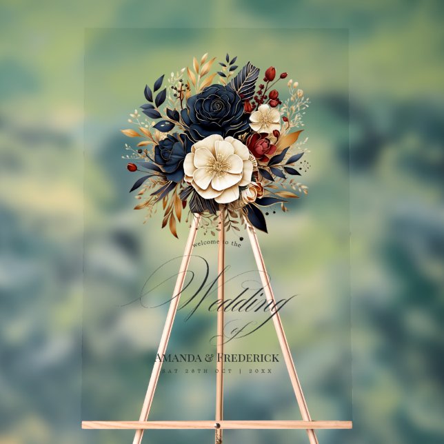Gold, Navy, and Burgundy Floral Wedding Welcome Acrylic Sign (Neutral)