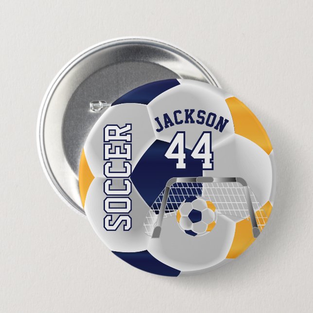 Gold, Navy and White Personalise Soccer Ball 7.5 Cm Round Badge (Front & Back)