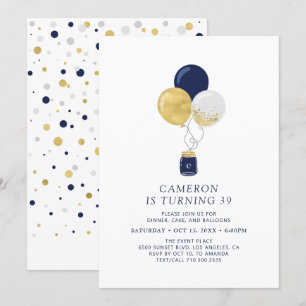 Gold & Navy Balloons Modern Adult Birthday Party Invitation