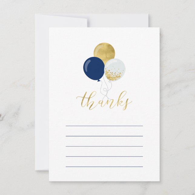 Gold & Navy Balloons | Party Thank You Note Card (Front)