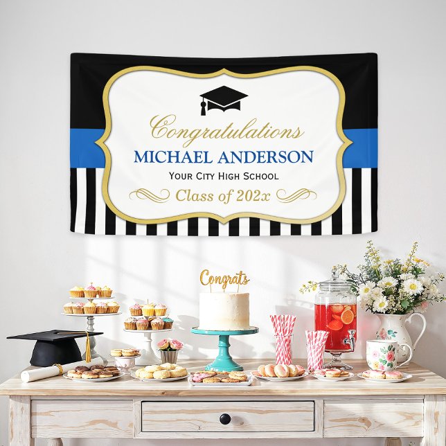 Gold Navy Black White Stripes Graduation Party Banner (Creator Uploaded)