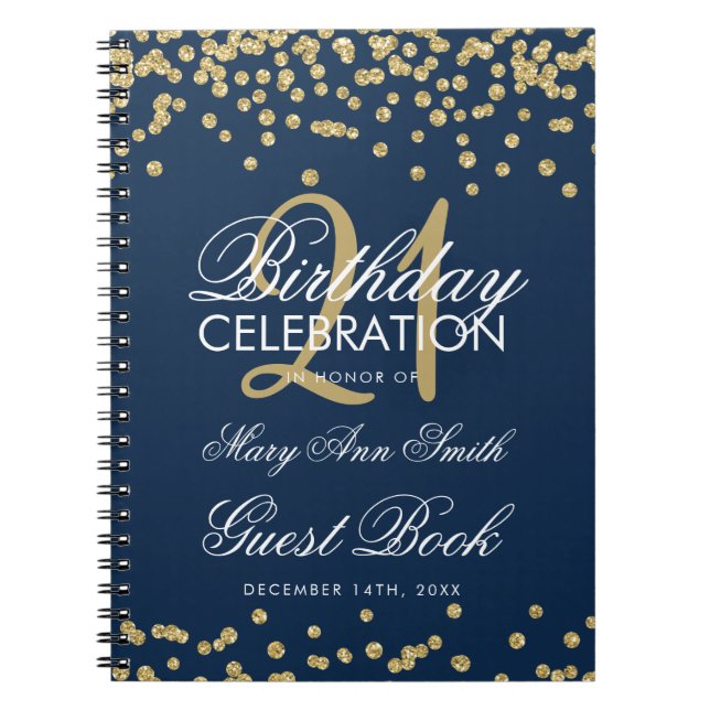 Gold Navy Blue 21st Birthday Guest Book Confetti (Front)