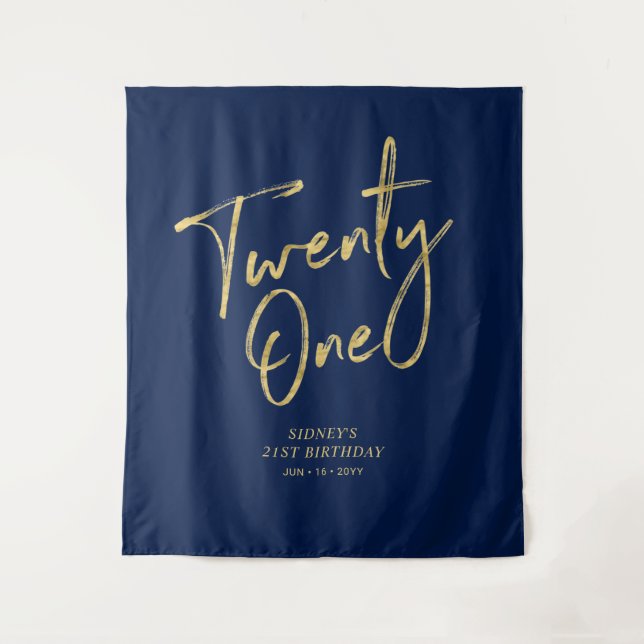 Gold & Navy Blue 21st Birthday Party Backdrop Tapestry (Front)