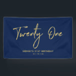 Gold & Navy Blue | 21st Birthday Party Banner<br><div class="desc">This simple birthday banner design features stylish Gold lettering "Twenty One" on a navy blue background. You can personalise the text. Matching 21st birthday invitation and party supplies are available at my shop BaraBomDesign.</div>