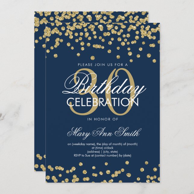 Gold Navy Blue 30th Birthday Glitter Confetti Invitation (Front/Back)