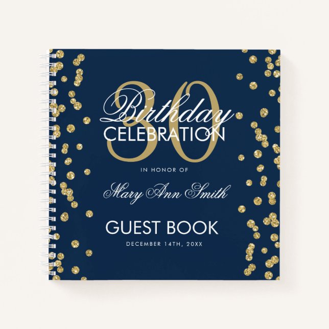 Gold Navy Blue 30th Birthday Guestbook Confetti Notebook (Front)