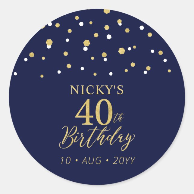 Gold & Navy Blue 40th Birthday Favour Thank you Classic Round Sticker (Front)