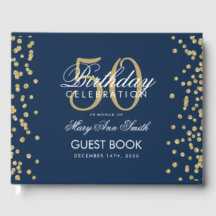 Gold Navy Blue 50 Birthday Party Glitter Confetti Guest Book