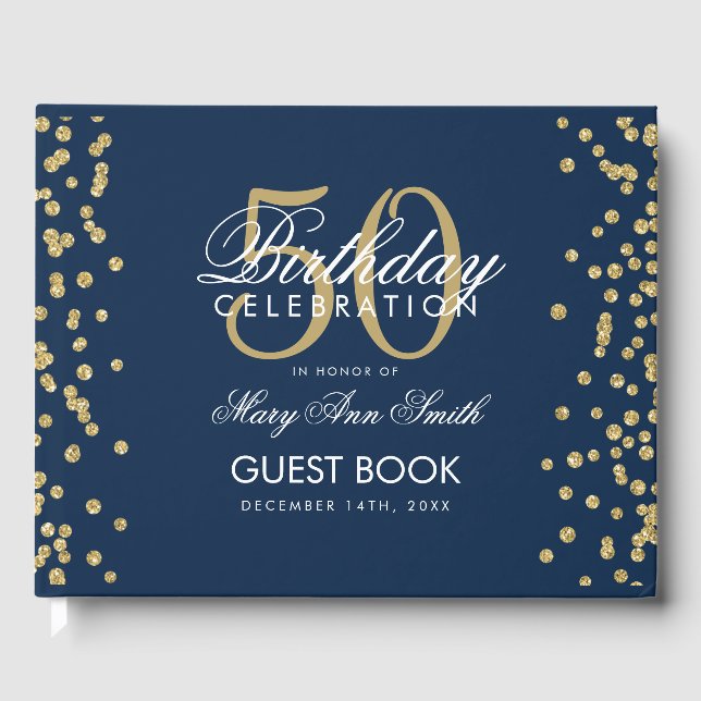 Gold Navy Blue 50 Birthday Party Glitter Confetti Guest Book (Front)