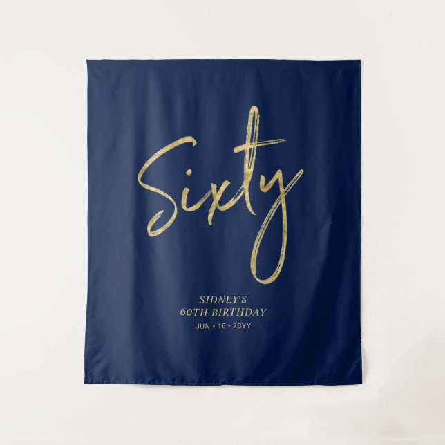 Gold & Navy Blue 60th Birthday Party Backdrop Tapestry (Front)