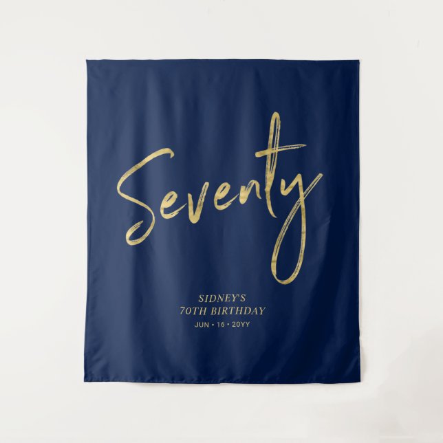 Gold & Navy Blue 70th Birthday Party Backdrop Tapestry (Front)
