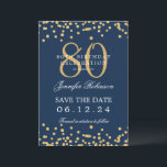 Gold Navy Blue 80th Birthday Save the Date Details Invitation<br><div class="desc">Elegant "70th Birthday Party" design with faux glitter confetti & details text. Easy to use and easy to personalise. Order Today!</div>