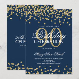 Gold Navy Blue 90th Birthday Glitter Confetti Invitation