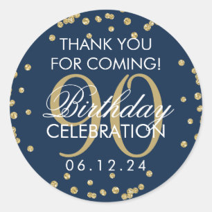 Gold Navy Blue 90th Birthday Thank You Glitter Classic Round Sticker