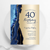 Gold Navy Blue Agate 40th Birthday