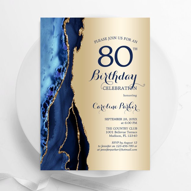 Gold Navy Blue Agate 80th Birthday Invitation (Creator Uploaded)