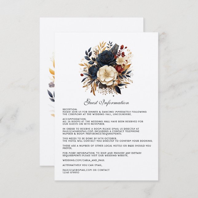 Gold, Navy Blue, and Burgundy Floral Guest Details Enclosure Card (Front/Back)