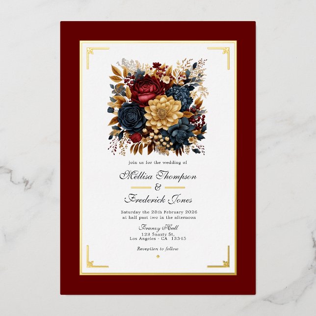Gold, Navy Blue, and Burgundy Floral Wedding (Front)