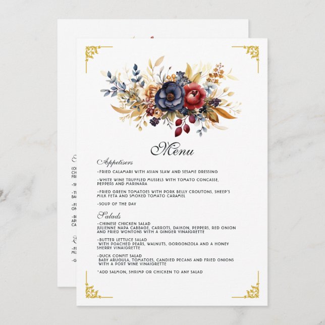 Gold, Navy Blue, and Burgundy Floral Wedding Menu (Front/Back)