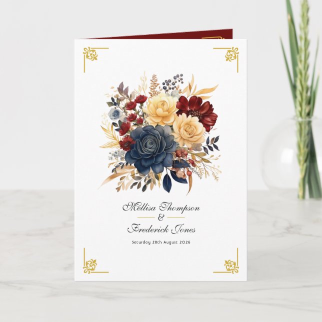 Gold, Navy Blue, and Burgundy Floral Wedding Program (Front)