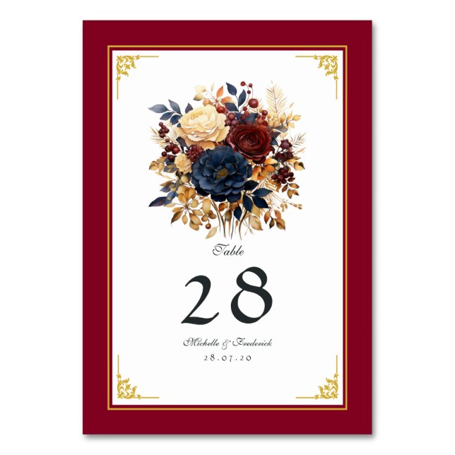 Gold, Navy Blue, and Burgundy Floral Wedding Table Number (Front)