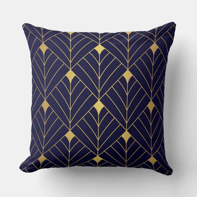 Gold Navy Blue Art Deco Diamond Pattern Cushion (Front)