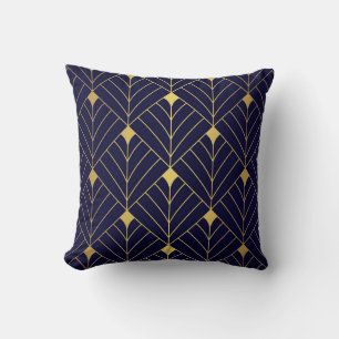 Gold Navy Blue Art Deco Diamond Pattern Cushion