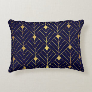 Gold Navy Blue Art Deco Diamond Pattern Decorative Cushion
