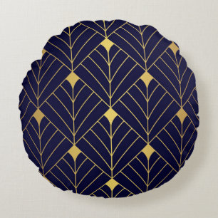 Gold Navy Blue Art Deco Diamond Pattern Round Cushion