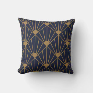 Gold Navy Blue Art Deco Fan Pattern  Cushion