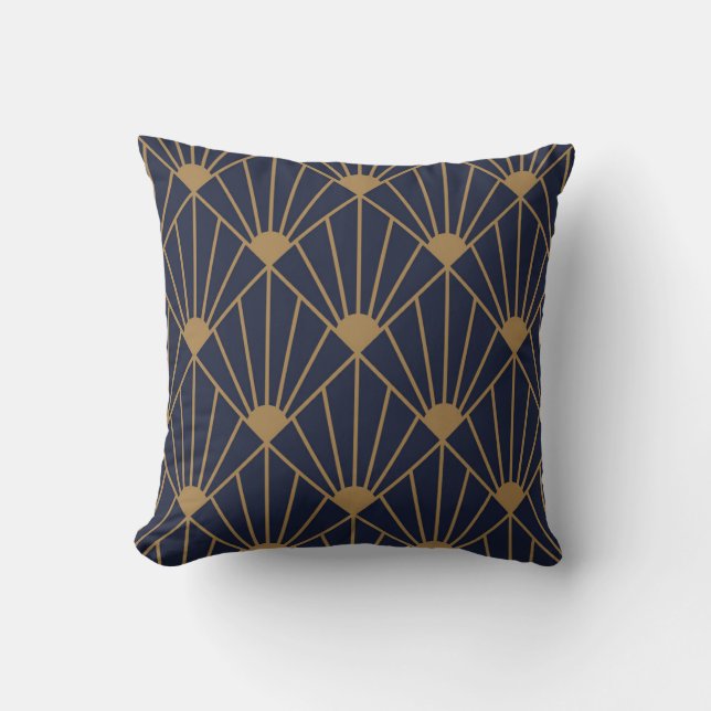 Gold Navy Blue Art Deco Fan Pattern  Cushion (Front)