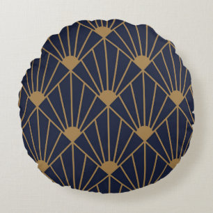 Gold Navy Blue Art Deco Fan Pattern  Round Cushion
