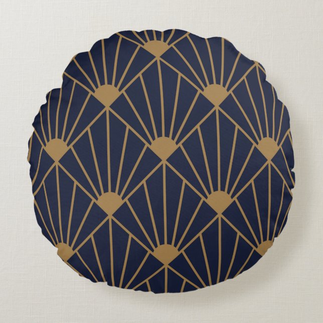 Gold Navy Blue Art Deco Fan Pattern  Round Cushion (Front)