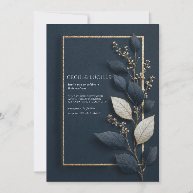 Gold Navy Blue Botanical Leaf Winter Wedding Invitation (Front)