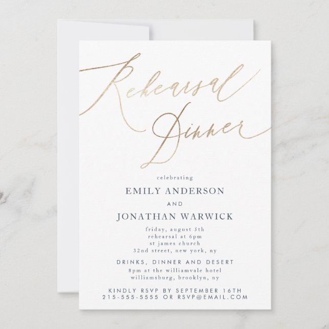 Gold & Navy Blue Calligraphy Wedding Rehearsal Invitation (Front)