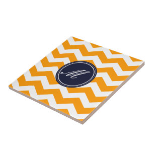 Gold & Navy Blue Chevron with Monogram Tile